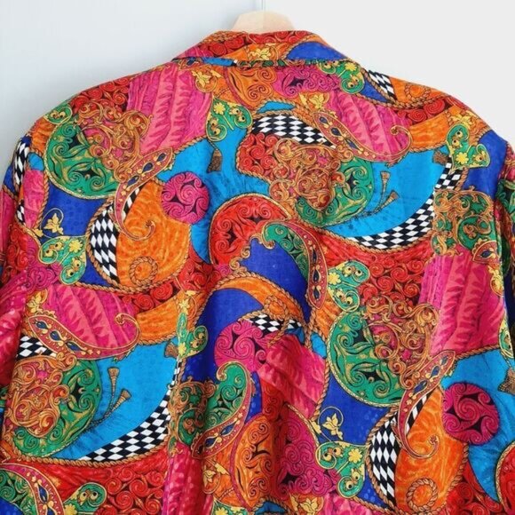 Vintage Silky Satin Retro Colorful Abstract Art Bomber Jacket Sz M - Picture 8 of 12